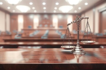 Empty courtroom with scales of justice in focus. Legal concept visualization. High quality, professional style suitable for various legal and judicial content. Generative AI