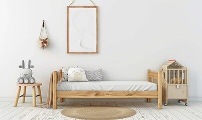 Mock up frame in children room with natural wooden furniture Digital illustration, white background, watercolor style 