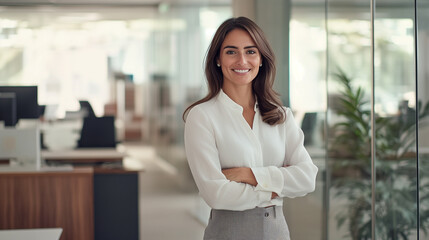 Fototapeta premium Portrait of businesswoman in a sleek suit stands confidently in a modern office