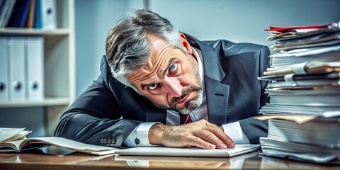 Exhausted professional with tired, bloodshot eyes and worn expression, slumped over a cluttered desk, overwhelmed by paperwork and deadlines, desperate for rest.