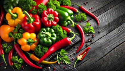 Colorful bell peppers and chili peppers with fresh parsley and spices on a wooden surface.