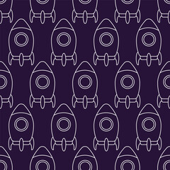 Dark purple seamless pattern of geometrically arranged space rockets in lines