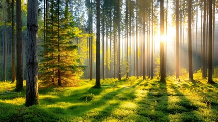A forest with a tree in the middle and a lot of trees around it