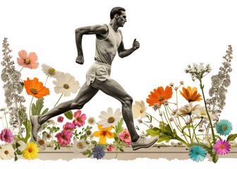 Paper collage of marathon flower art running.