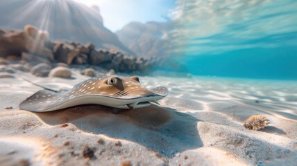 Stingray swimming near underwater cave in Red Sea, illuminated by shafts of light penetrating clear waters.
