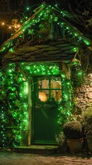 Obraz premium A quaint cottage glows with green lights and decorations, creating a welcoming holiday atmosphere at night