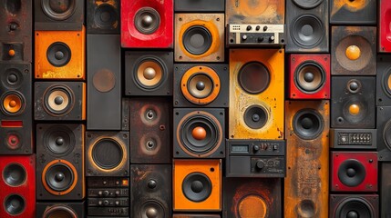 Wall of retro vintage style Music sound speakers