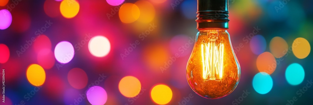 Poster this enchanting image features a glowing edison bulb close up against a colorful bokeh backdrop, sho