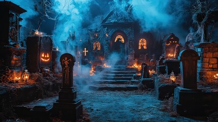 set of Halloween decorations including fake tombstones, eerie skeletons, and fog-producing props to transform a space into a haunted house