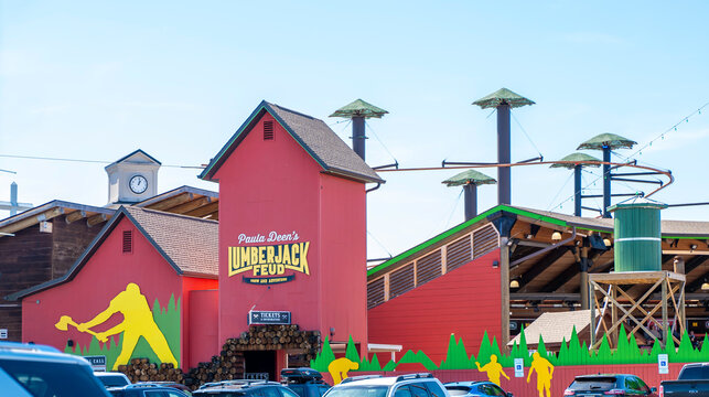 PIGEON FORGE, TN - 12 MAR 2024: Paula Deens Lumberjack Feud, a family friendly amusement park with entertaining log-rolling and sawing and chopping 