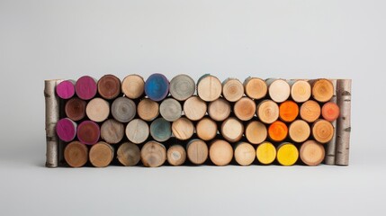 A stack of wooden logs with different colors, including blue, green, and yellow