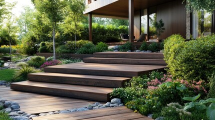 Modern wooden terrace with steps for a country house. Cozy garden with a house, recreation area, garden landscaping , ai