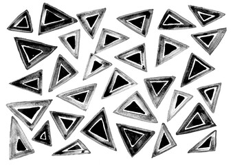 Obraz premium Pattern of monochrome triangles on a white background. The triangles are randomly arranged. They have layers of different shades of gray and black.