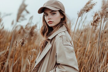 Girl model in beige raincoat and cap on dry reed field. Stylish outdoor portrait, perfect for fashion editorials, lifestyle blogs or nature inspired campaigns