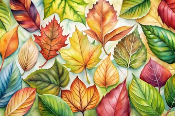 Autumn leaves background. Watercolor drawing
