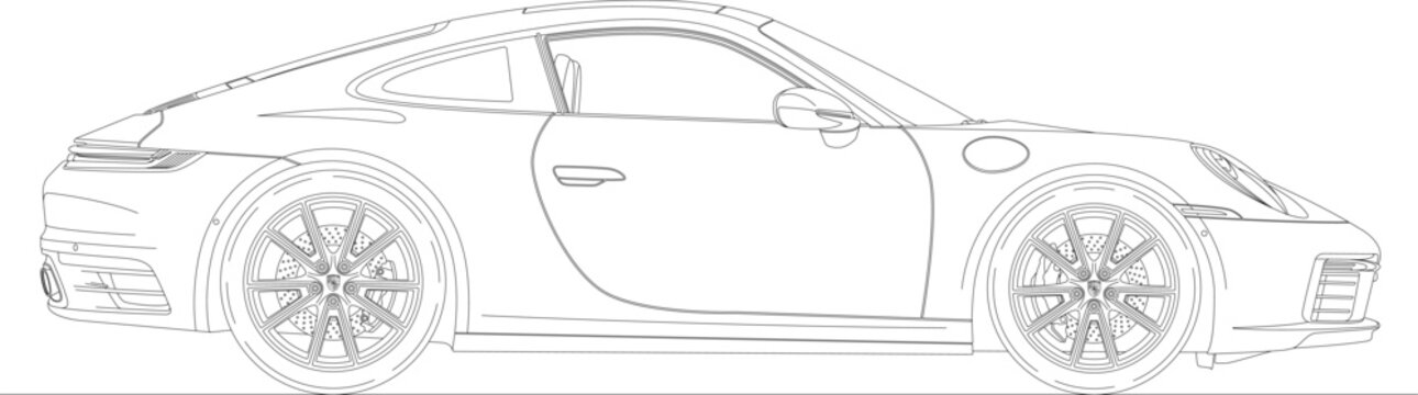 Stuttgart, Germany, year 2019 - Porsche 992 Carrera S sport car model, eighth generation of the Porsche 911, silhouette outlined drawing on the white background, vector illustration