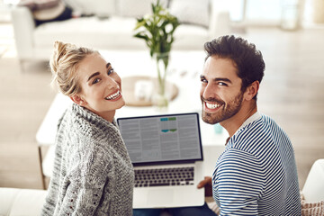 Happy couple, portrait or laptop for screen, news and loan option online on couch in living room....