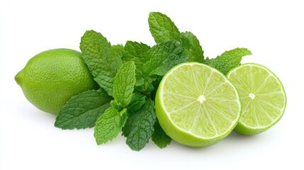One whole lime and two lime halves with fresh mint leaves on a white background.