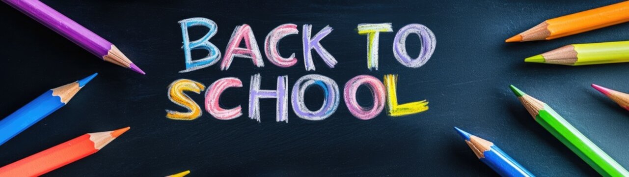 Super Ultrawide Colorful Text Back To School Writen On Blackboard Background With Color Pencils Around
