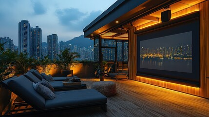 rooftop terrace equipped with a big screen and comfy lounge chairs, offering a chic and elevated movie-watching experience with city views