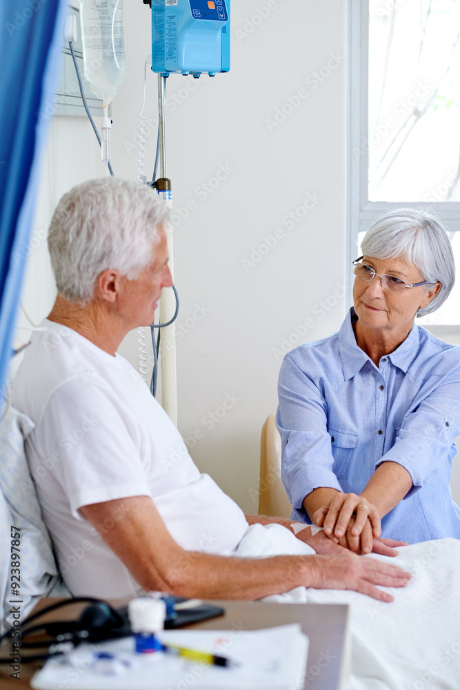 Poster Senior couple, care and holding hands in hospital for visit, love relationship and empathy. Old man, elderly woman and compassion for medical injury with trust, support and sorry for cancer diagnosis