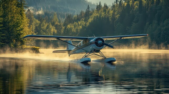vintage float plane landing gracefully on a serene lake, with its pontoons gliding smoothly across the water
