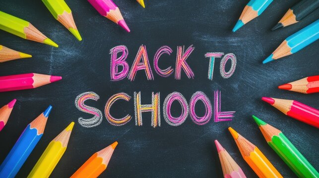 Colorful Text Back To School Writen On Blackboard Background With Color Pencils Around