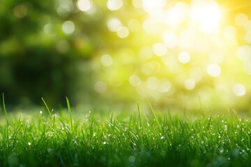 Obraz premium natural grass background with blurred bokeh and sun, ai