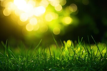 Obraz premium natural grass background with blurred bokeh and sun, ai