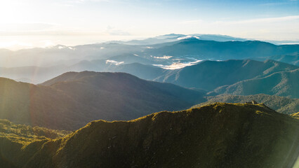 Aerial shot of a landscape full of mountains and a sunrise at Chirripo National Park in Costa Rica