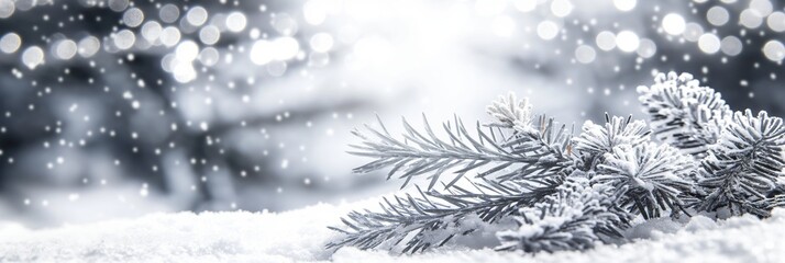 Obraz premium Winter scene with snow-covered pine branches in white snowy landscape banner
