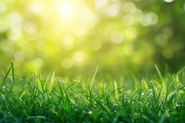 natural grass background with blurred bokeh and sun, ai