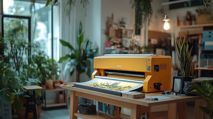 vibrant printing machine in a cozy, plant-filled workshop, producing colorful prints in a creative environment