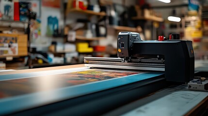  high-precision cutting machine in a workshop, working on a printed material, surrounded by tools and equipment