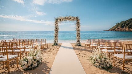 Obraz premium wedding ceremony on a sandy beach with the ocean as a backdrop and a floral archway evokes a relaxed, seaside romance.