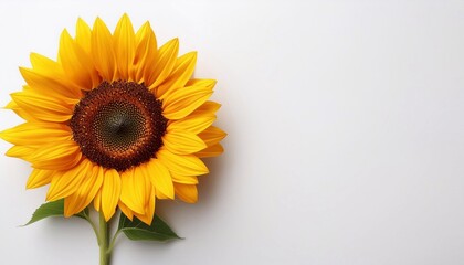 Obraz premium sunflower closeup on white background, top view with space for text 