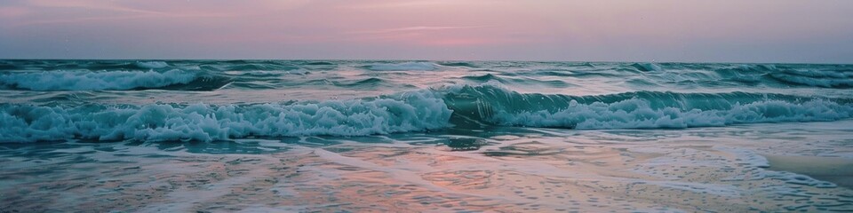Fototapeta premium Tranquil Shoreline at Twilight with Soft Waves and Muted Sky Hues