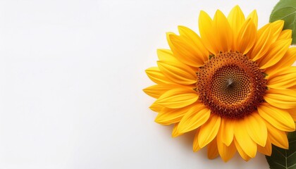 Obraz premium sunflower closeup on white background, top view with space for text 