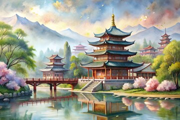 Watercolor hand drawn Daigoji Temple Pagoda in autumn. Japanese ancient architecture. Can be used to design sightseeings card, tourism ads, calendar, books - Illustration
