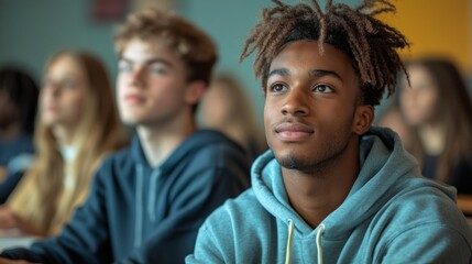 Obraz premium Two students attentively listen, displaying curiosity and engagement amid a lively classroom atmosphere filled with learning energy