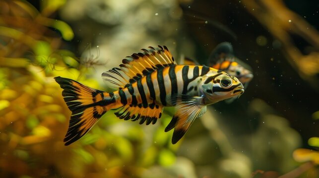 tiger fish swimming in the middle of the aquarium reef while looking at the camera, side view