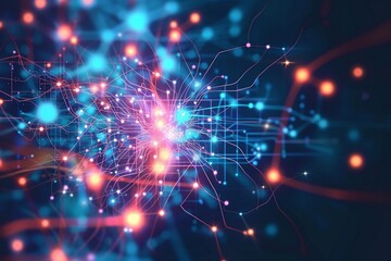 Obraz premium Colorful abstract neural network or synaptic connections with glowing nodes and lines against a dark background
