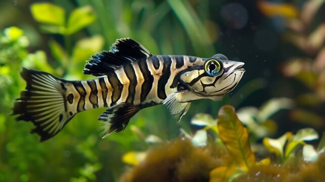 tiger fish swimming in the middle of the aquarium reef while looking at the camera, side view