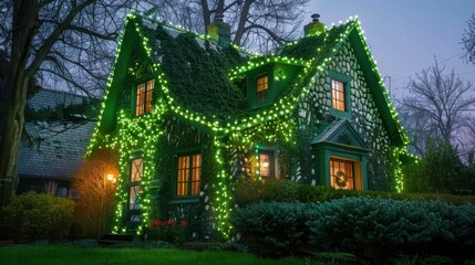 A beautifully decorated green house adorned with glowing lights shines softly at dusk