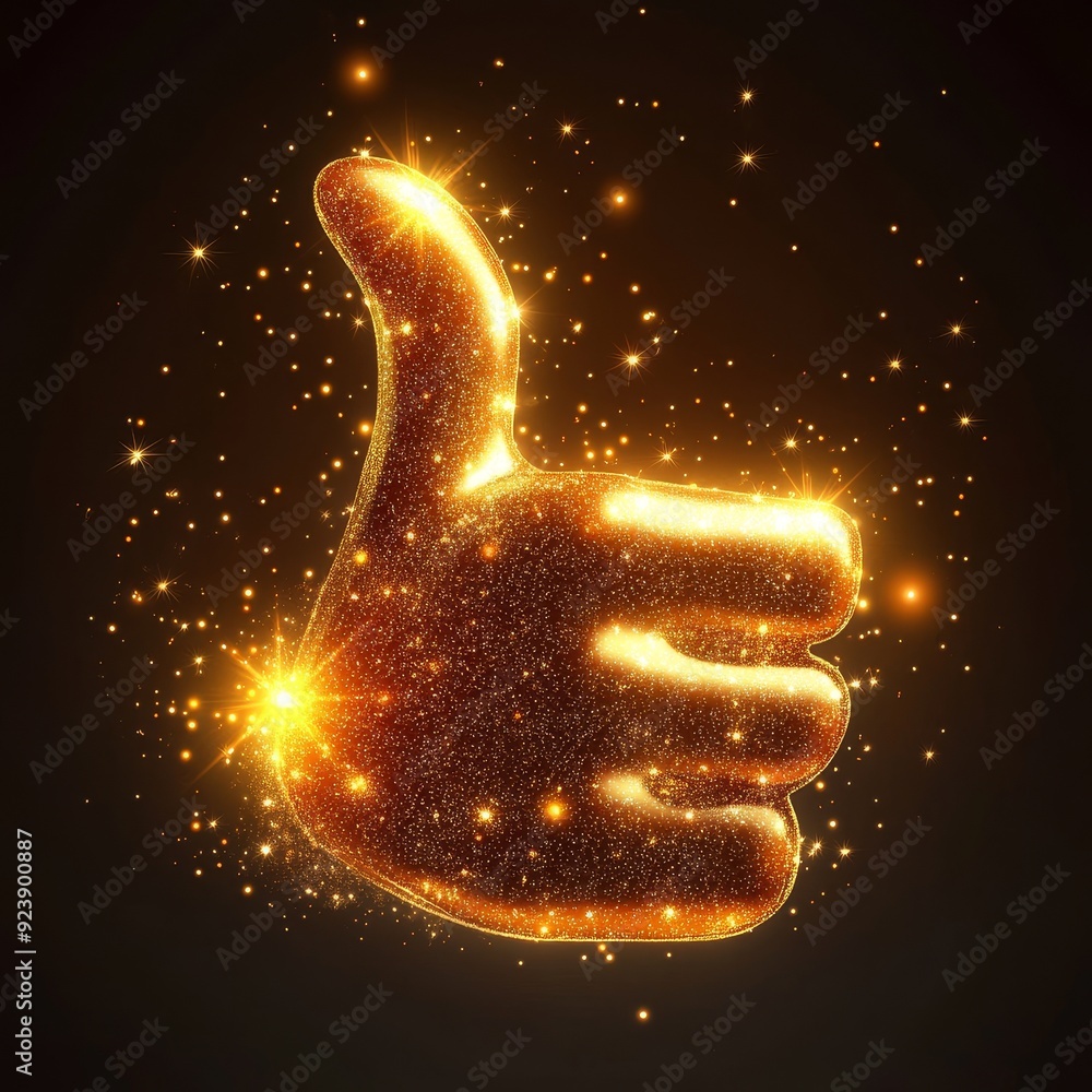 Poster glowing thumb-up gesture with sparkling effects and dark background, symbolizing approval or positiv