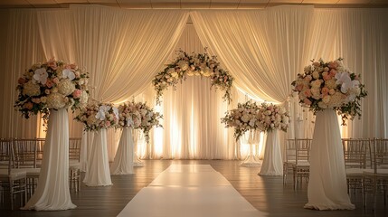beautifully decorated wedding venue with flowing white drapes, floral arrangements, and a grand archway sets the scene for a romantic exchange of vows.