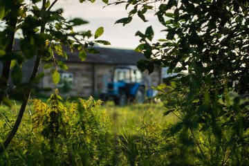 Blue tractor in the evening, at sunset after a hard day's work.A green field