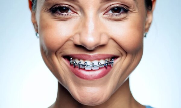 Close up smile of woman with dental braces. Concept of orthodontic treatment, oral hygiene, and health care. Metal brackets on teeth and importance of maintaining oral care with braces. Dental Braces.