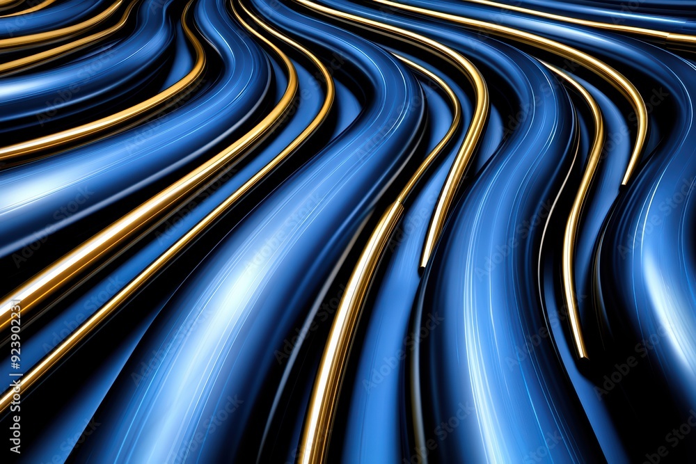 Poster fluid abstract lines in blue and gold create a dynamic and modern background, perfect for design and