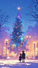Obraz premium Enchanting Anime-Style Winter Night Cityscape: Magical Urban Wonderland with Deserted Snowy Streets and Illuminated Snow-Covered Buildings. Dreamy 2025 Christmas and New Year Themed Nocturnal Artwork 